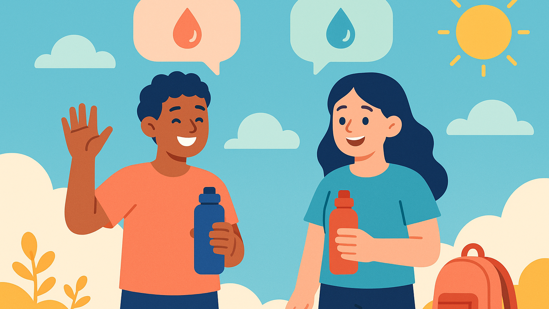 Dos amigos al aire libre, cada uno con una botella de agua, con globos de diálogo con gotas de agua arriba y una mochila cerca