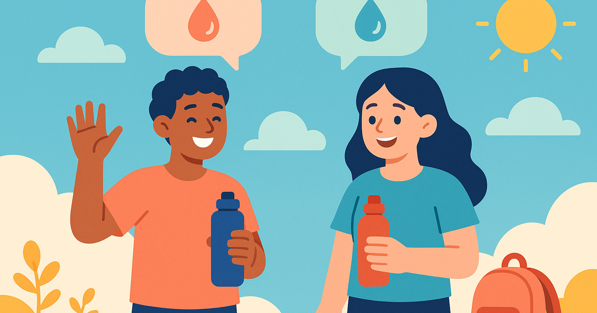 Dos amigos al aire libre, cada uno con una botella de agua, con globos de diálogo con gotas de agua arriba y una mochila cerca