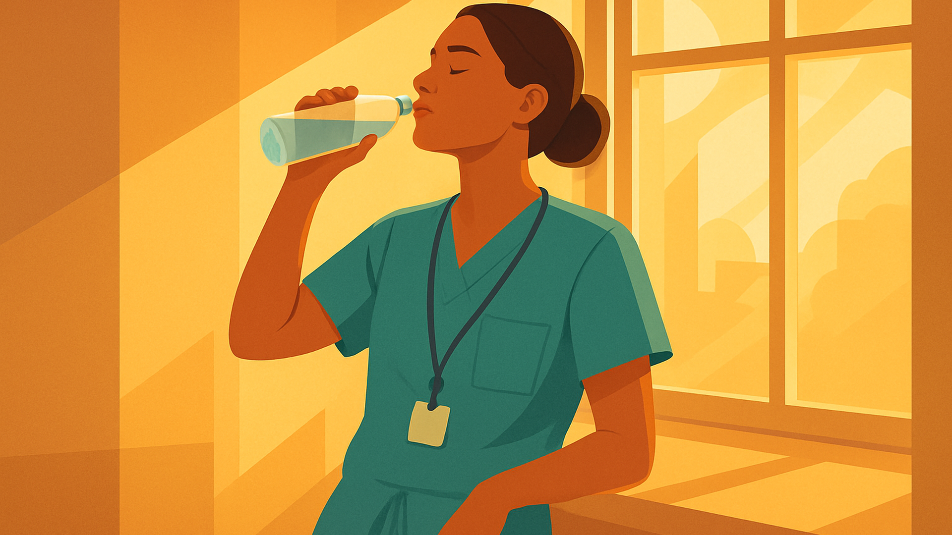 Nurse in teal scrubs taking a water break beside a sunlit hospital window