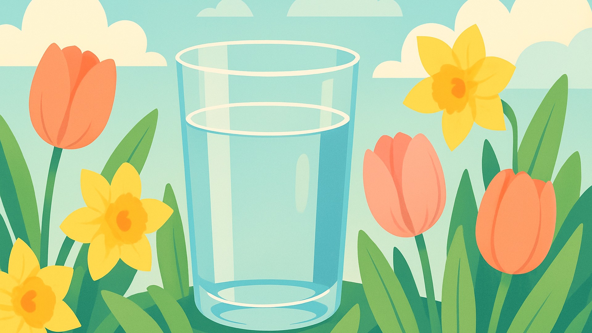Spring hydration illustration with a glass of water among tulips and daffodils