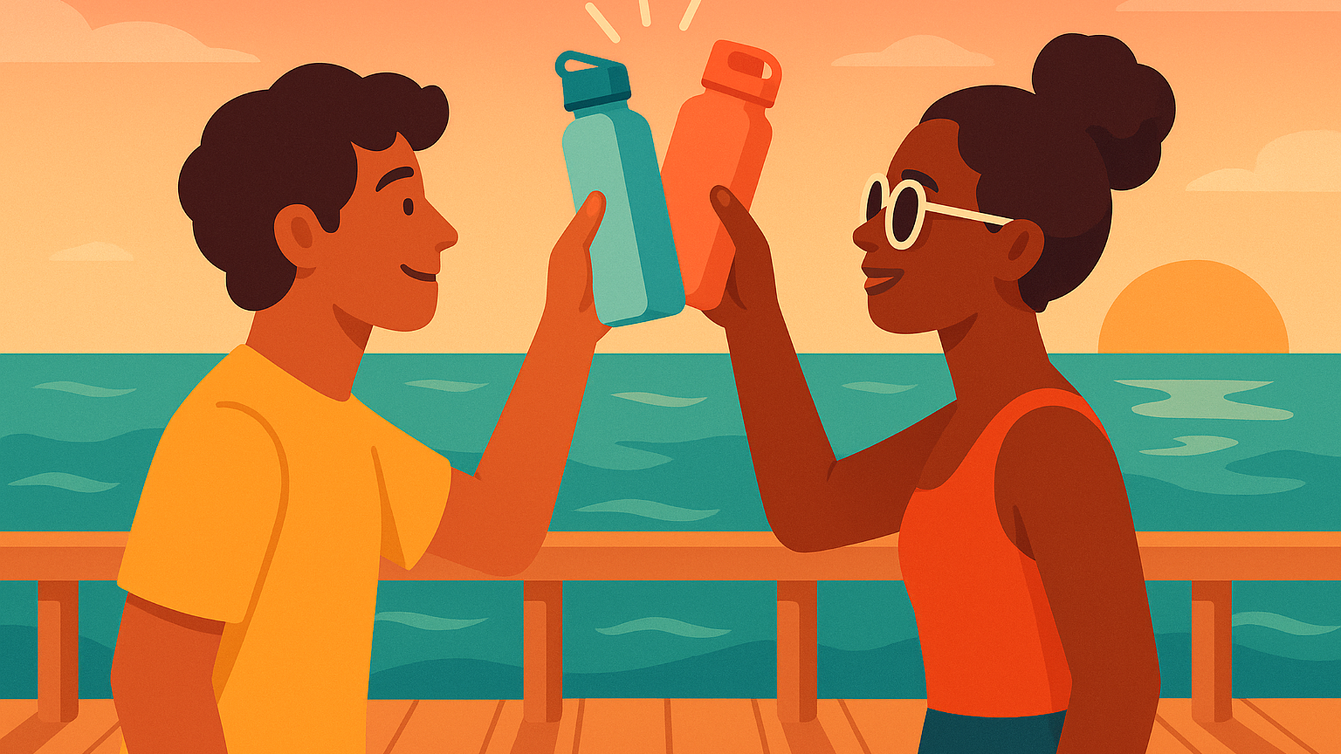 Two friends clinking reusable water bottles on a sunlit summer pier at golden hour