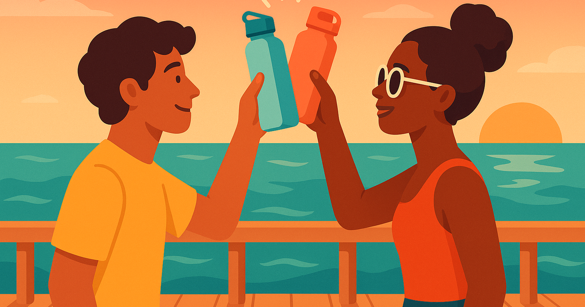 Two friends clinking water bottles at sunset