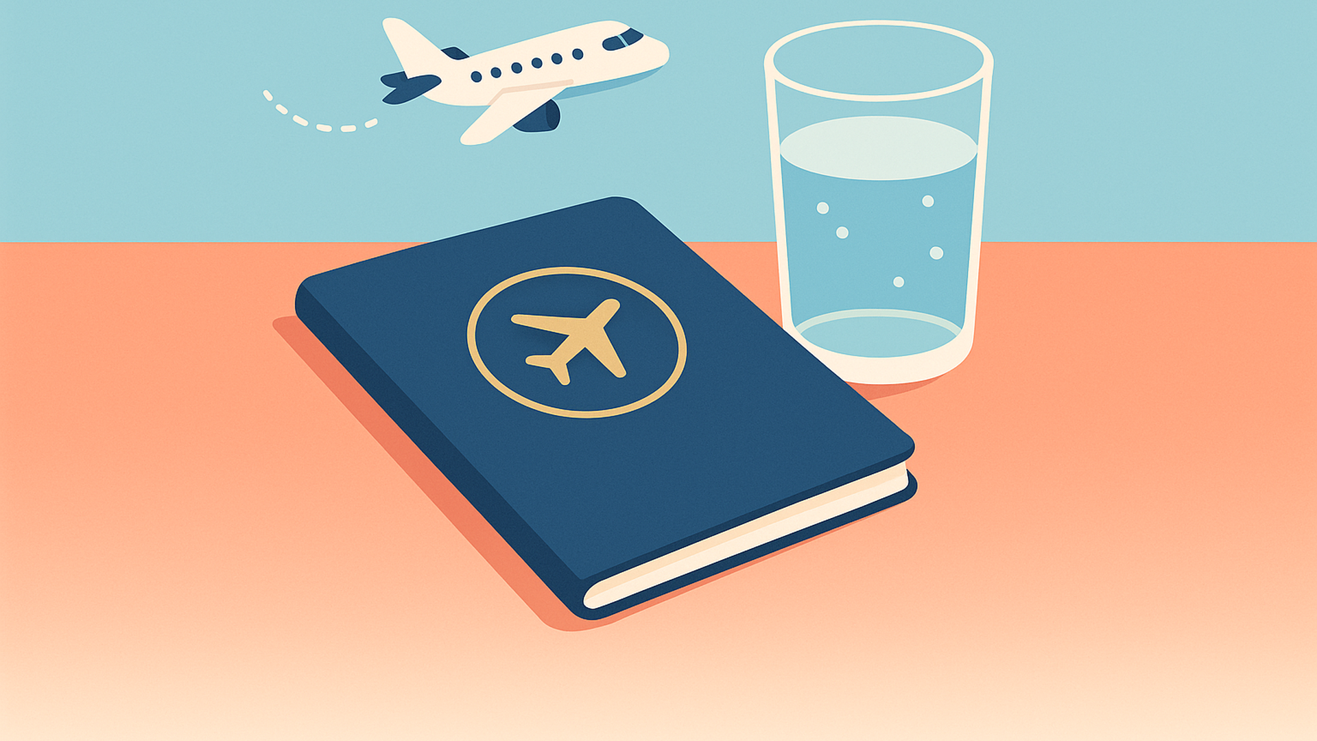 A closed navy-blue passport with an airplane stamp on the cover, a glass of water beside it, and a small airplane flying overhead