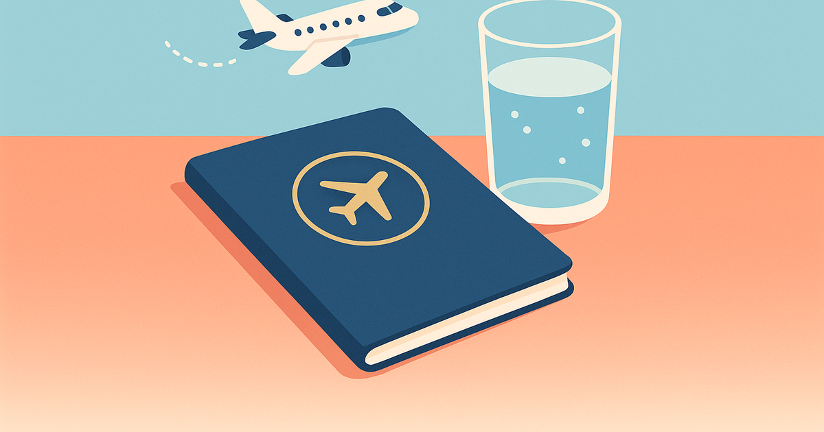 A closed navy passport with an airplane stamp beside a glass of water