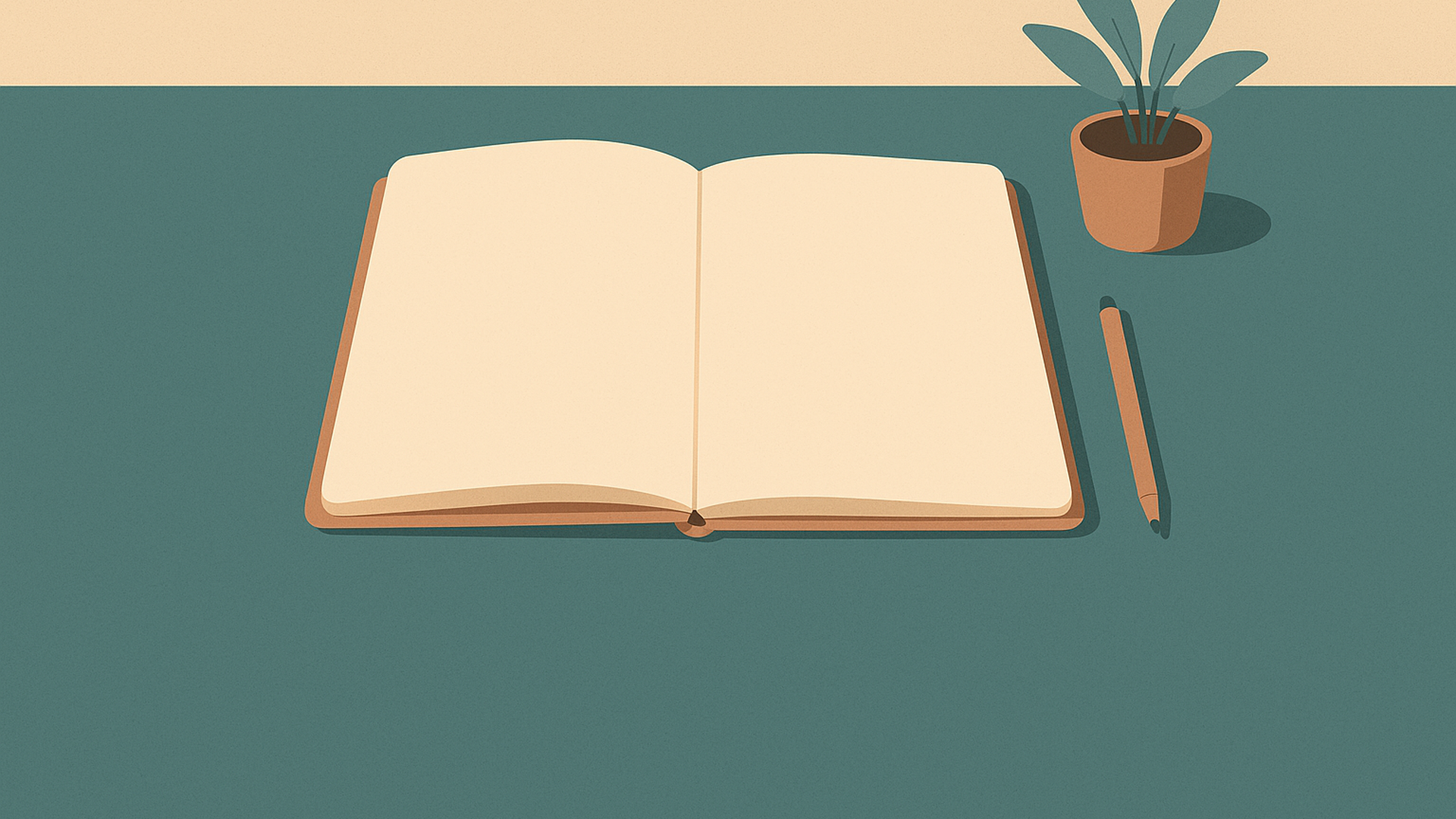 An open notebook with blank pages lying on a deep teal desk beside a slim pen and a small potted plant