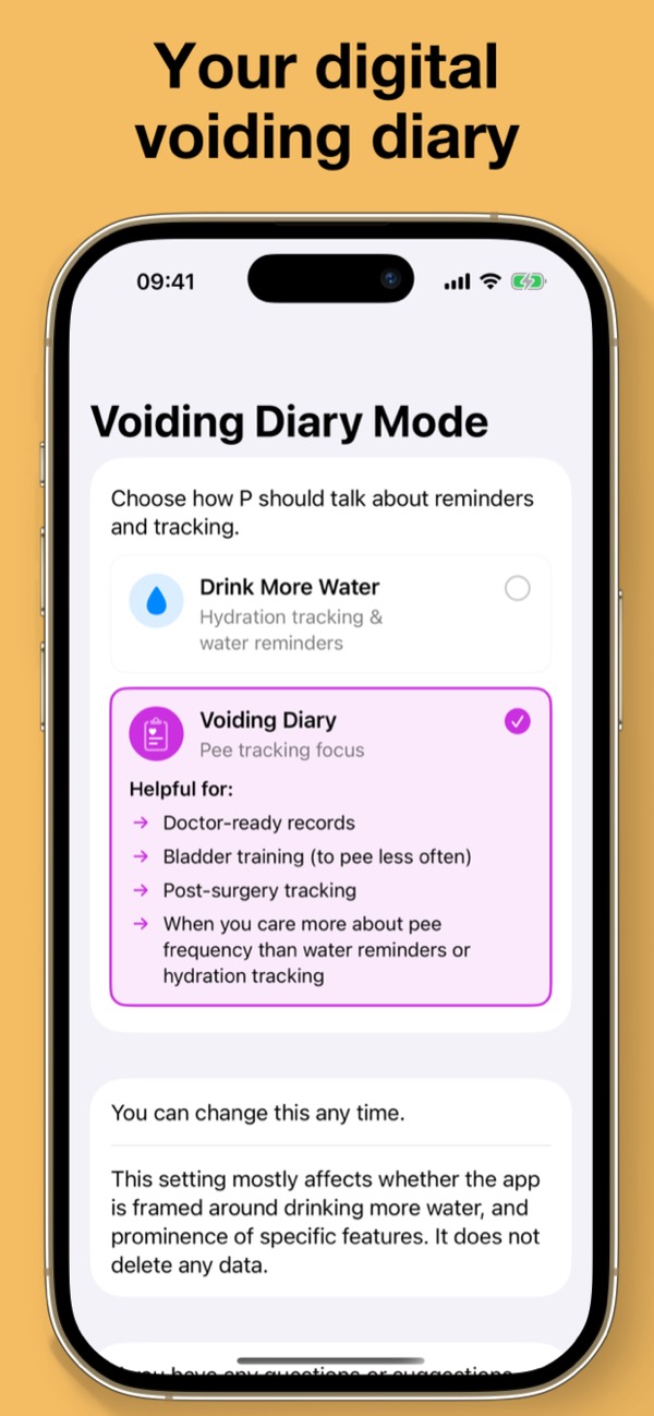 iPhoneのPの排尿日誌モード画面。排尿の記録に特化した表示